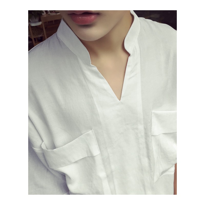 男士棉麻衬衫宽松韩版休闲bf风寸衫帅气夏季薄款个性V领半袖衬衣