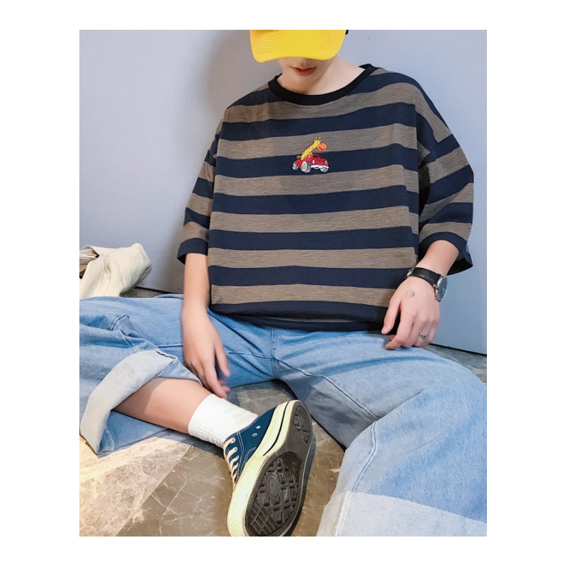夏季条纹T恤男韩版潮款2018短袖卡通休闲宽松男生五分中袖上衣bf
