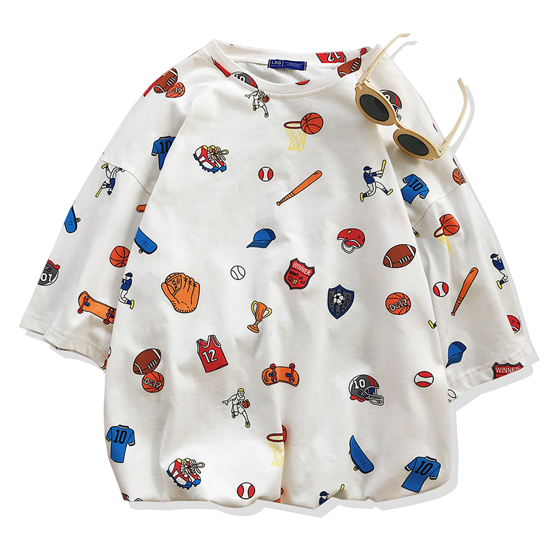 夏季年轻BF风卡通可爱短袖T恤 圆领男女宽松青少年情侣装体恤学生