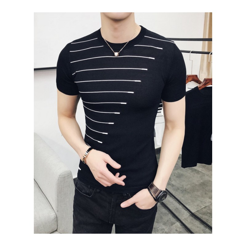 2018夏季年轻短袖T恤男韩版修身圆领条纹打底衫青年帅气紧身体血
