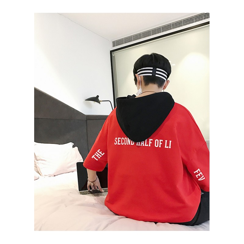 新品夏装男生短袖字母印花宽松连帽T恤青少年帅气简约百搭半袖潮