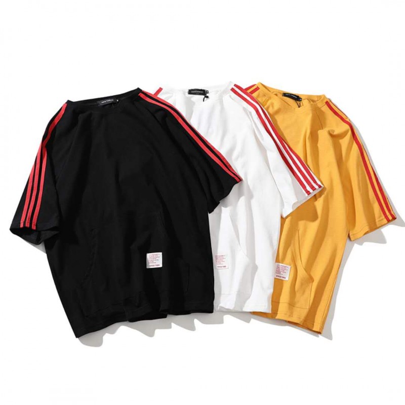 2018夏季年轻韩版帅气港风短袖男学生三条杠条纹圆领T恤袋鼠袋