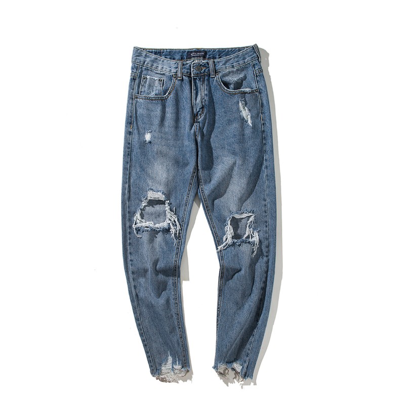 2018夏季年轻男士港仔休闲九分裤韩版帅气学生修身百搭破洞牛仔裤