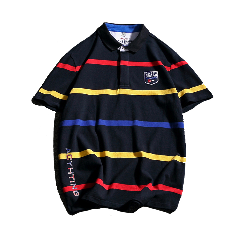 2018夏季年轻条纹翻领短袖T恤男士加肥大码百搭POLO衫韩版潮男装