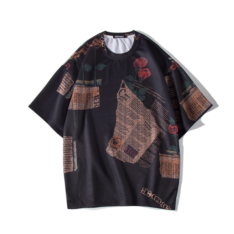 2018夏季年轻韩版花短袖T恤男宽松个性港风宽松圆领潮男生上衣