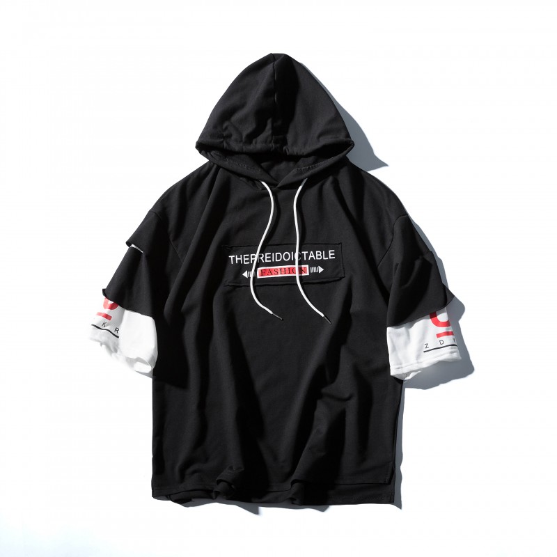 2018夏季假两件五分短袖T恤男士加肥大码连帽半袖体恤韩版潮男装