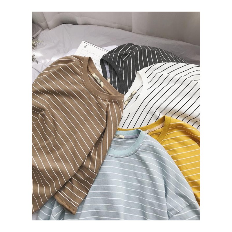 男学生 日系夏季小清新条纹打底衫帅气男生宽松短袖T恤圆领半袖