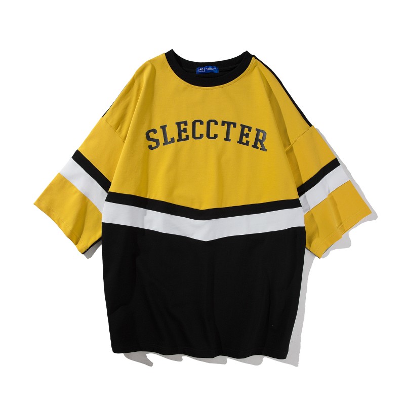 2018夏季帅气帅气港风撞色条纹拼接宽松五分袖T恤男韩版青少年潮