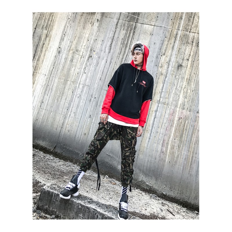 春夏男假两件修身连帽拼色个性织带卫衣青少年嘻哈套头衫韩国青年