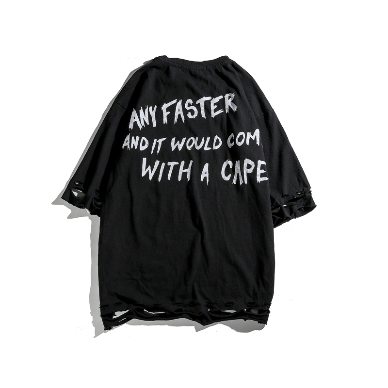 夏季潮男年轻字母印花圆领七分袖宽松破洞T恤青少年港风短袖体恤