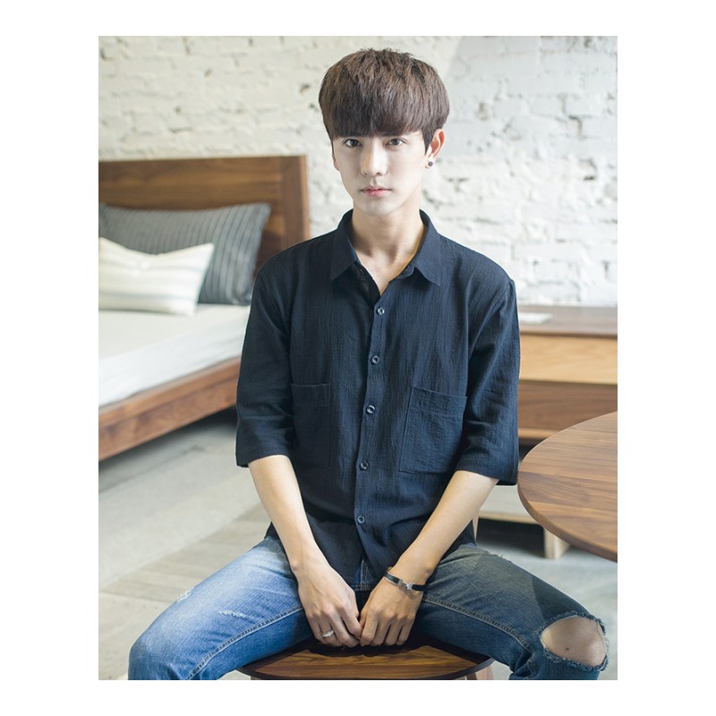 短袖衬衫男夏季年轻韩版宽松小方领衣服男青年纯色翻领半袖衬衣潮