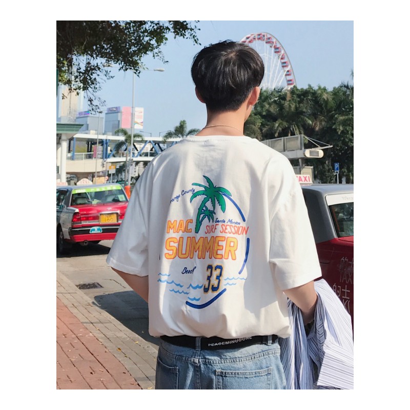 2018夏季帅气韩版Tee纯色圆领短袖T恤打底衫男宽松个性沙滩风
