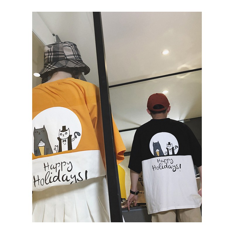 2018夏季年轻拼色圆领短袖T恤男士加肥大码宽松衣服韩版青年男装