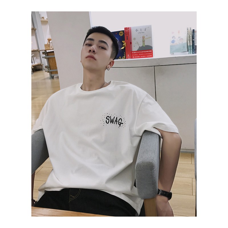 2018夏季年轻帅气帅气熊猫短袖T恤衫男宽松韩版休闲港风半袖上衣