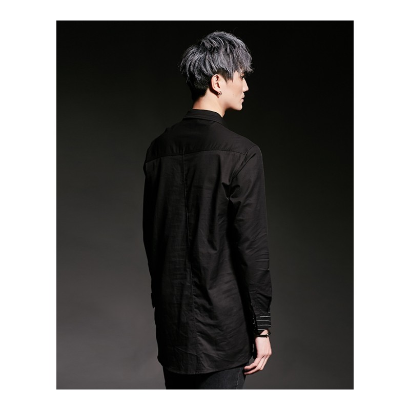 春夏潮男条纹拼接个性衬衣韩版青年夜店歌手型师长袖衬衫打底DJ