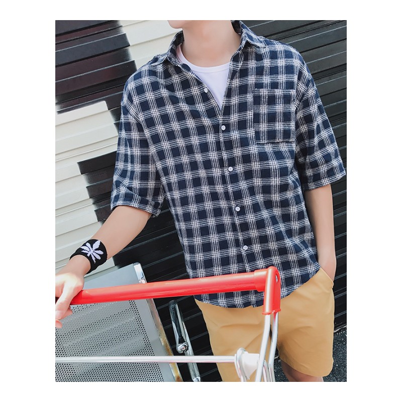 2018夏季男士短袖衬衫格子修身韩版青年帅气衬衣休闲五分袖寸衫男