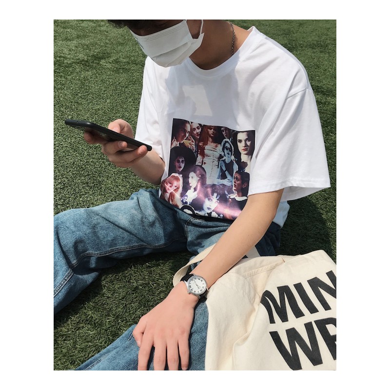2018夏季年轻韩国日韩风男士短袖T恤简约印花宽松圆领半袖上衣潮