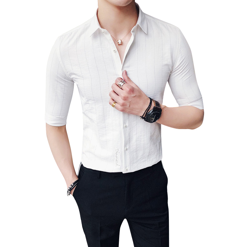 刺绣竖条纹七分袖白衬衫男韩版修身夏季休闲薄款半袖男士短袖衬衣