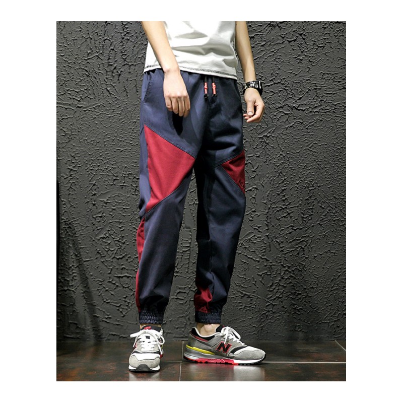 2018春夏年轻拼接休闲裤男士加肥大码百搭运动小脚裤韩版潮男裤子