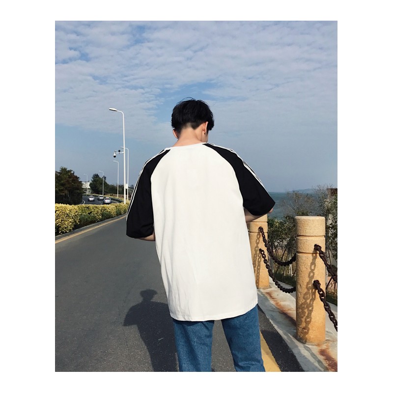 帅气夏季青少年宽松T恤男短袖撞f原宿学院风帅气半袖上衣男生