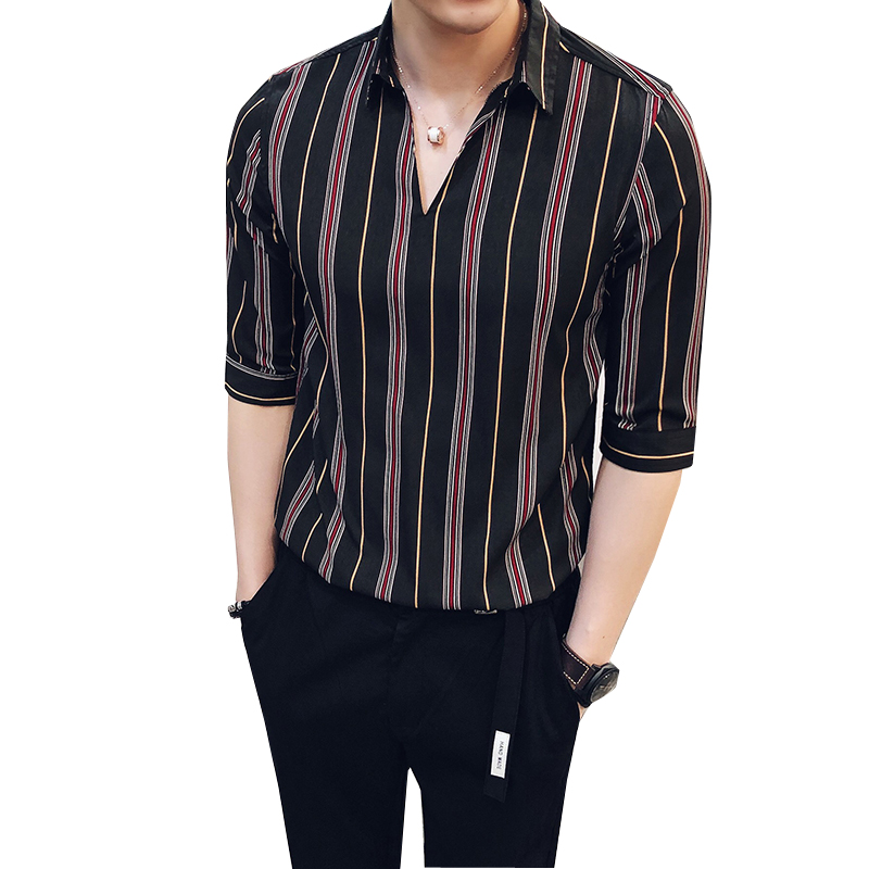 春夏季2018年轻 韩版英伦绅士衬衣 青年潮套头型男七分袖衬衫