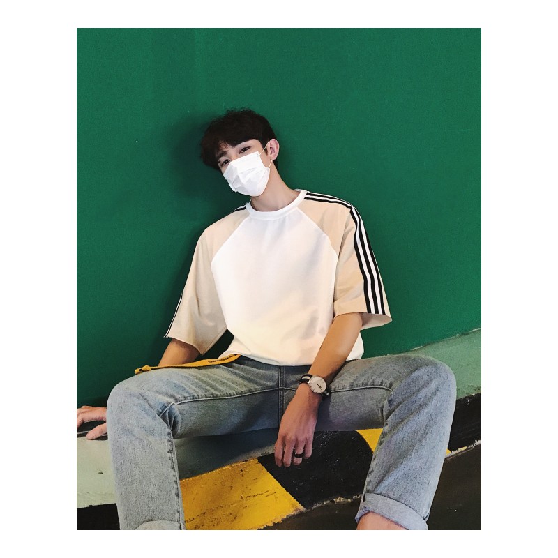 2018夏季帅气港风撞色条纹T恤衫男士宽松五分短袖青少年帅气上衣