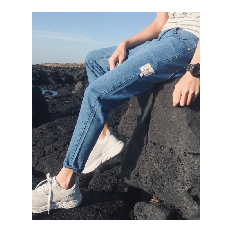 港风2018春夏新店主原创贴标韩版小脚潮九分牛仔裤男韩版基础牛仔