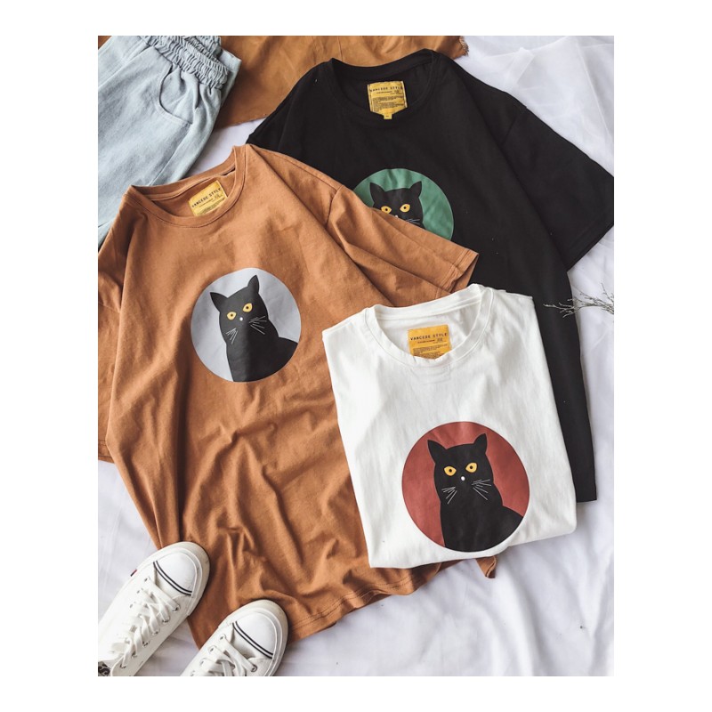 2018夏季日系创意猫咪印花休闲情侣装短袖 简约宽松百搭半袖T恤男
