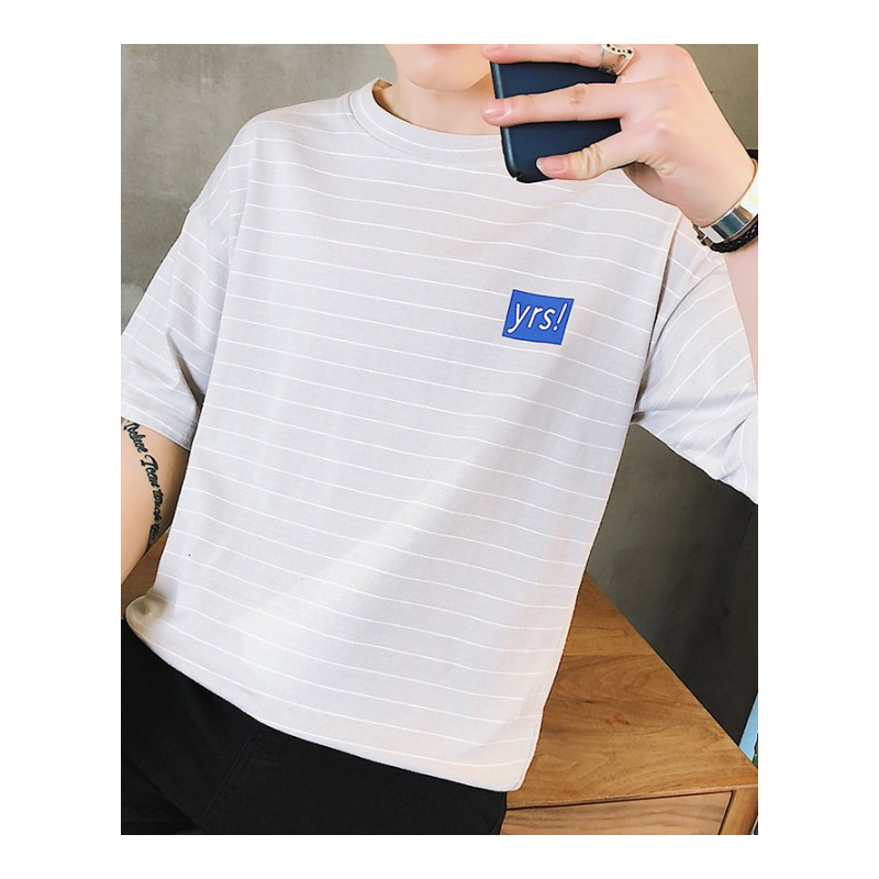 短袖T恤男潮2018夏季体恤韩版圆领男士打底衫半截袖浅色条纹男TEE