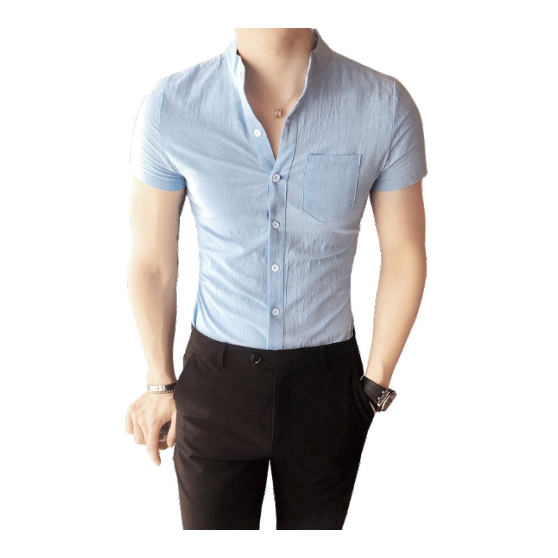 衬衫男短袖修身 韩版青年帅气休闲百搭男士纯色半袖棉麻衬衣大码