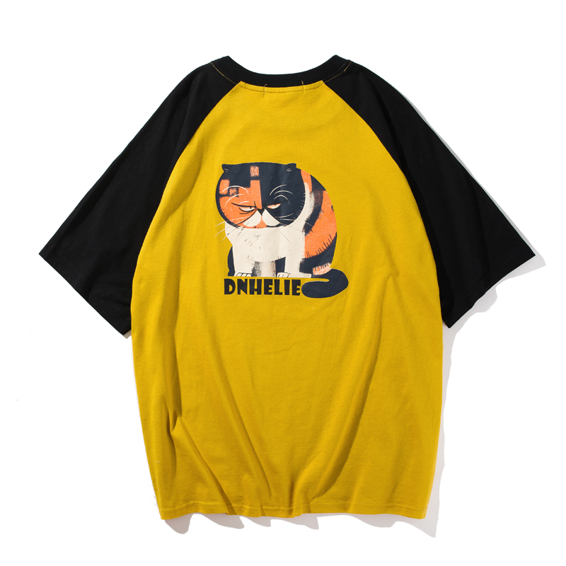 青少年复古拼接T恤短袖情侣款创意猫印花半袖衫2018年轻男女T恤衫
