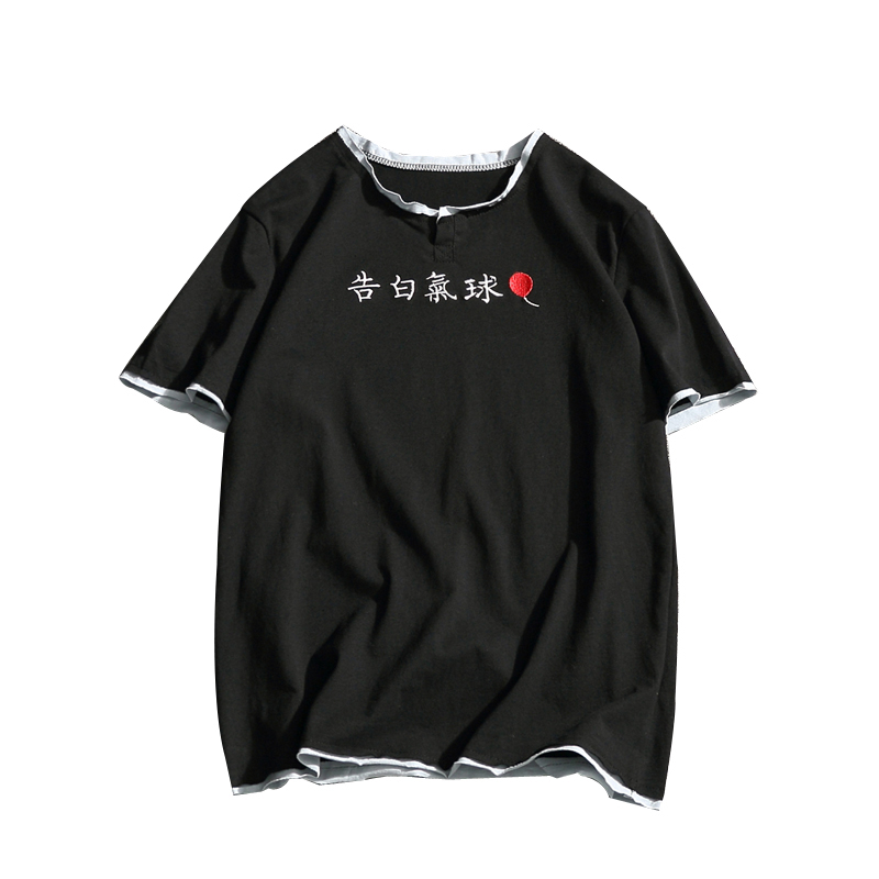 2018夏装年轻日系复古刺绣V领短袖T恤男士加肥加大码宽松半袖汗衫