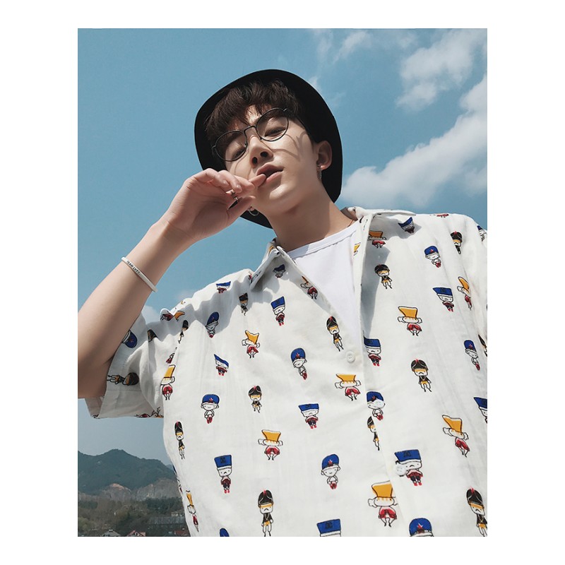 夏季 韩风男士短袖衬衫男韩版帅气青少年情侣潮印花外套衬衣