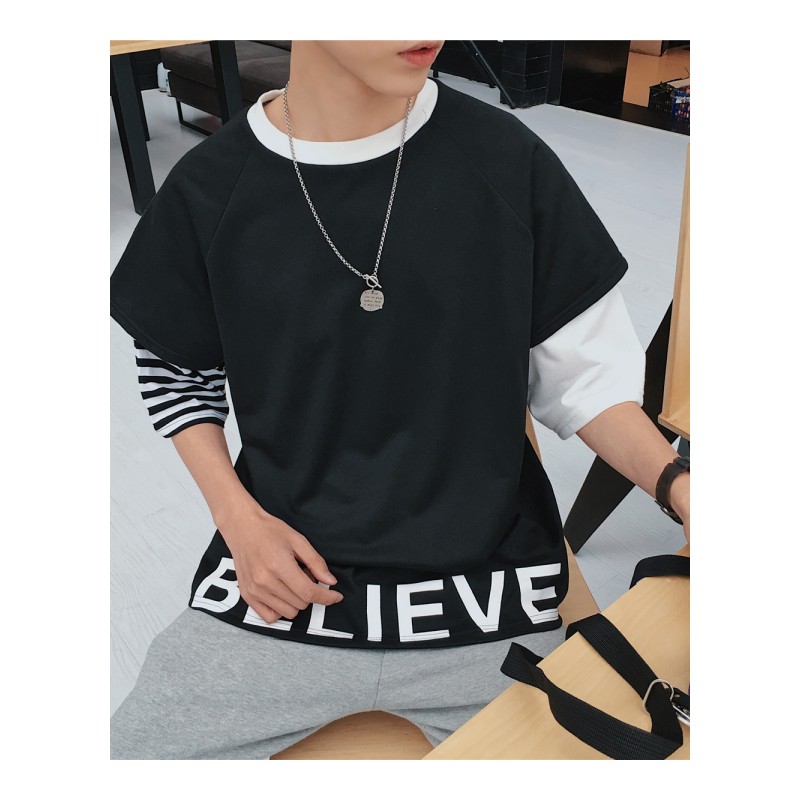 2018夏季学生港风宽松拼色条纹字母五分袖T恤青少年假两件T恤衫潮