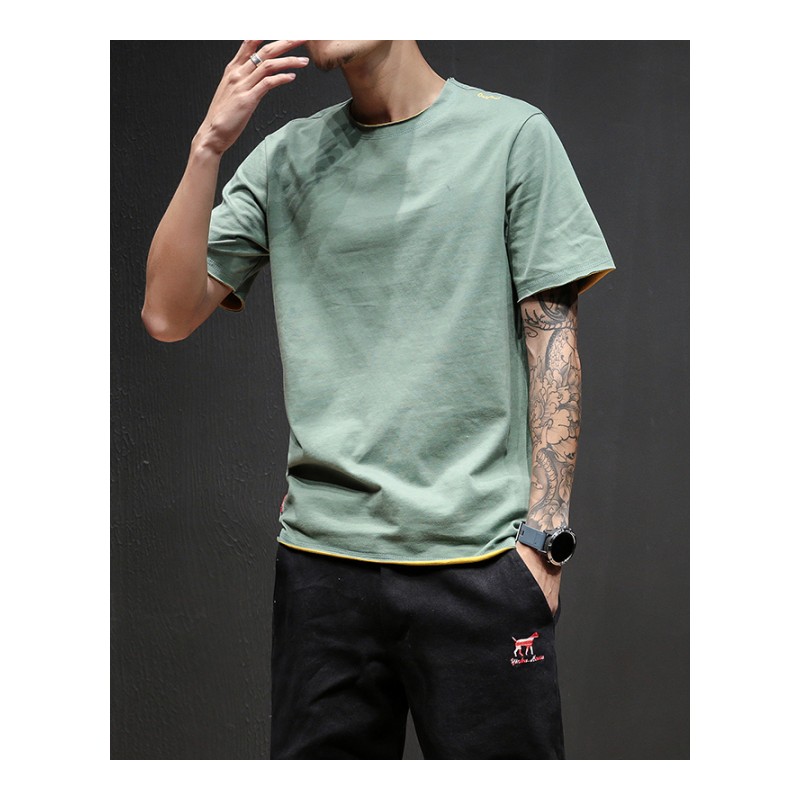 2018年轻假两件T恤男韩版青年宽松学生男士体恤衫纯色夏季短袖男