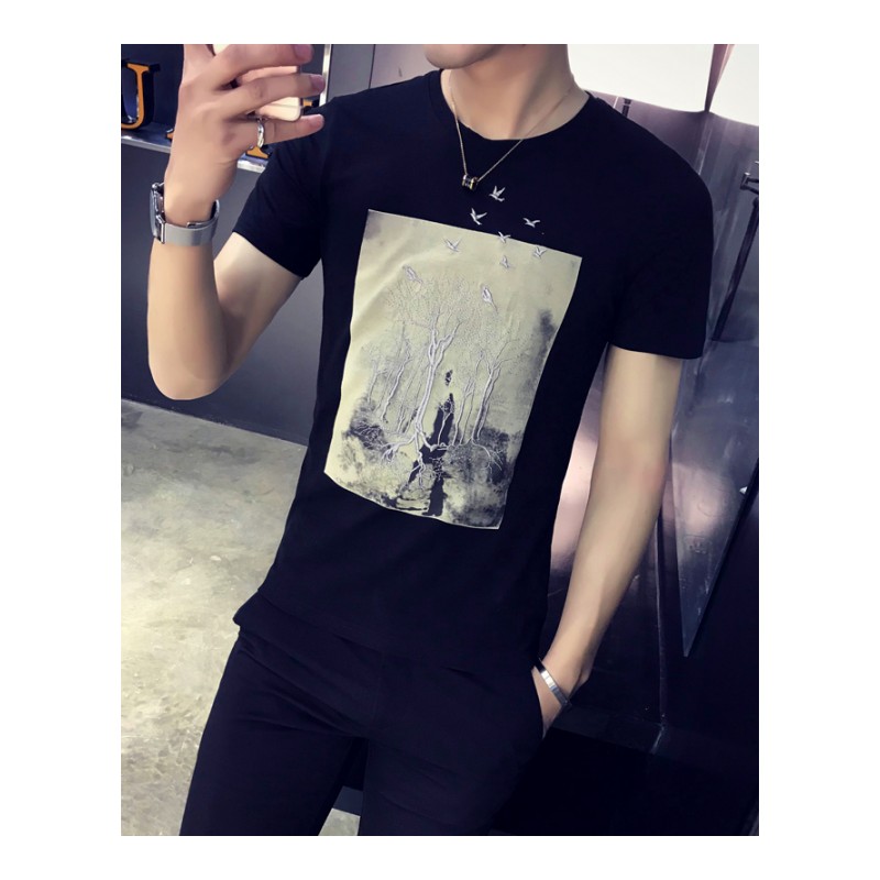 潮男短袖T恤 2018夏季年轻韩版修身圆领白色体恤青年学生半袖男装