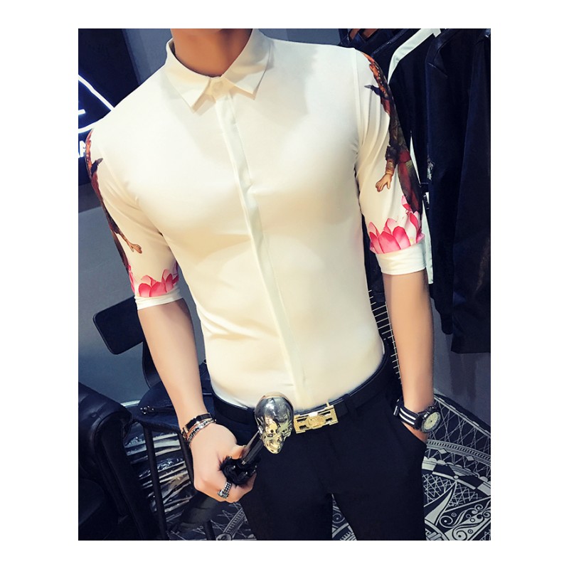 2018夏季潮男士修身短袖衬衫型师青年韩版休闲英伦五分袖衬衣