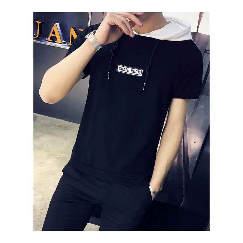 夏装学生连帽短袖T恤2018年轻男装帅气韩版修身半袖潮体恤带帽衫