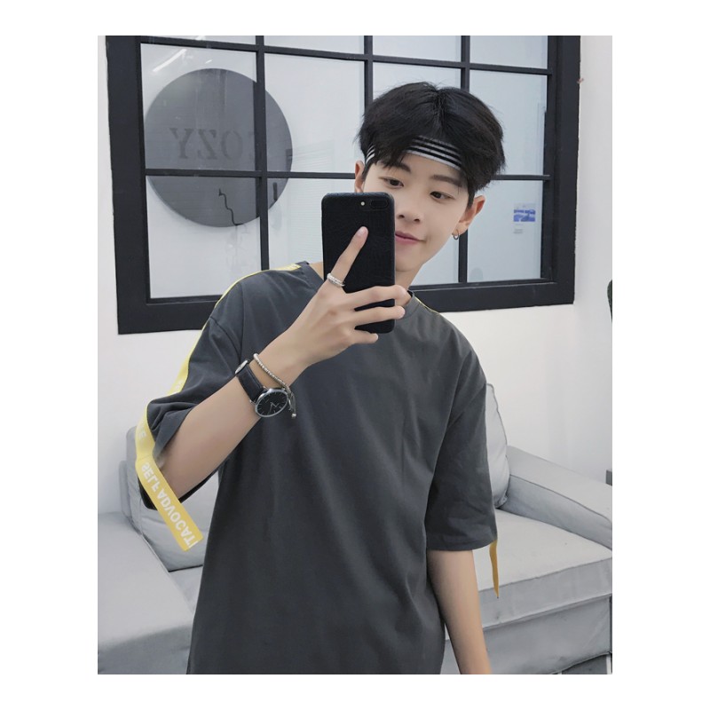 港风2018夏季新帅气休闲韩版店主原创织带潮短袖T恤男式青少年TEE