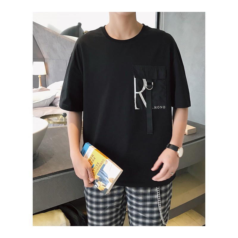 夏季港风字母织带男学生帅气韩版短袖T恤夏天薄款撞色半截袖体恤