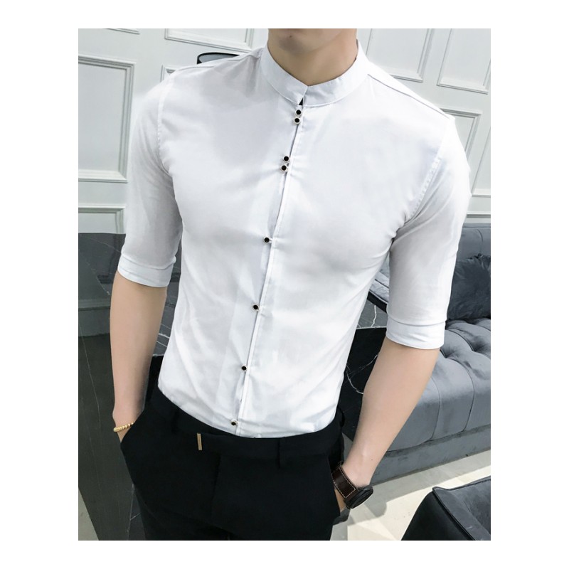夏季薄款七分袖衬衫男士韩版修身白色中袖衬衣休闲半袖型师帅气