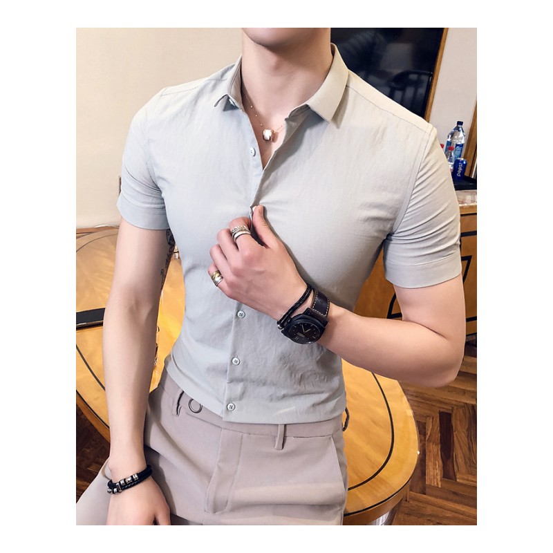 衬衫男短袖修身韩版帅气帅气百搭青年夜店休闲半袖寸衫男夏装衬衣