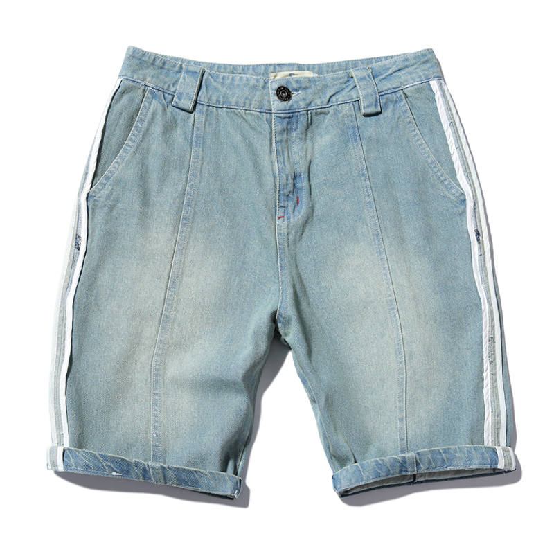 夏季年轻男士水洗布牛仔五分短裤日系复古纯色条纹贴布装饰休闲裤