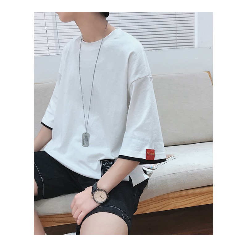 bf港风短袖男夏季韩版宽松百搭五分袖学生欧美假两件嘻哈帅气T恤