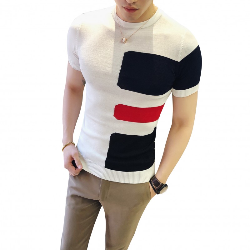 春夏年轻男士韩版修身帅气个性拼色针织短袖T恤圆领薄款打底线衫