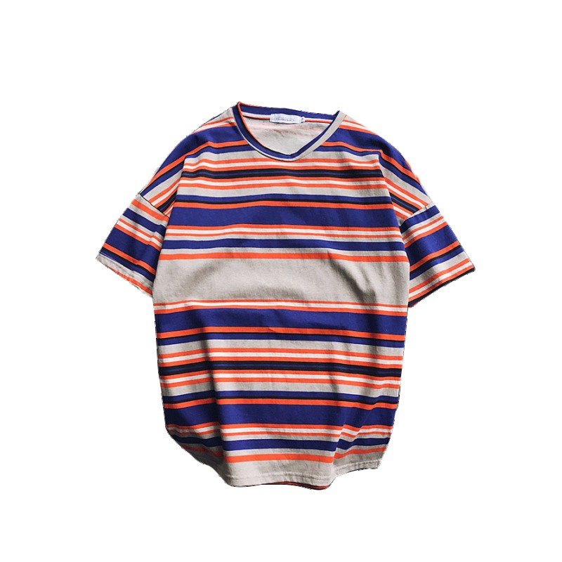 港风夏季年轻帅气条纹圆领短袖T恤男韩版宽松半袖上衣帅气学生tee