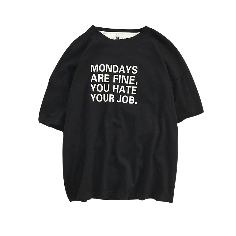 港风文艺2018夏季年轻五分袖T恤男女宽松字母印花粉色体恤衫学生