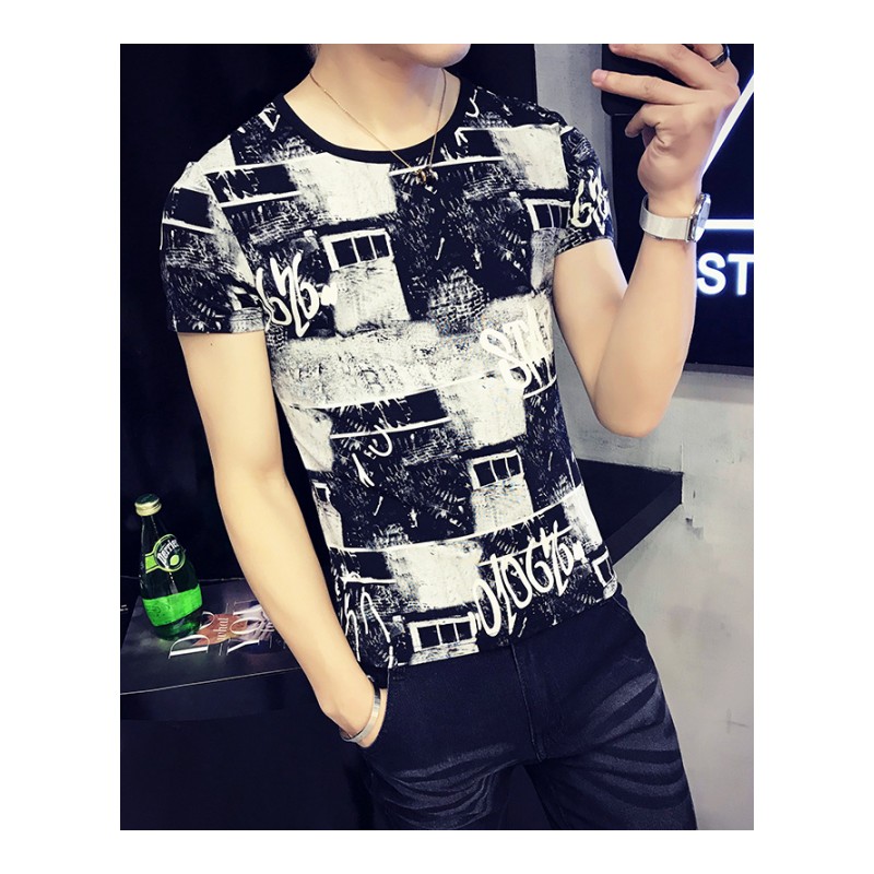 潮男夏装男短袖T恤韩版2018个性帅气圆领百搭修身帅气印花T恤