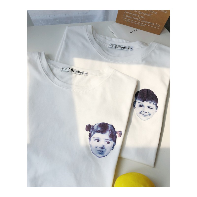 日系港风学生夏装年轻白色印花半袖衣服宽松韩版情侣帅气短袖T恤