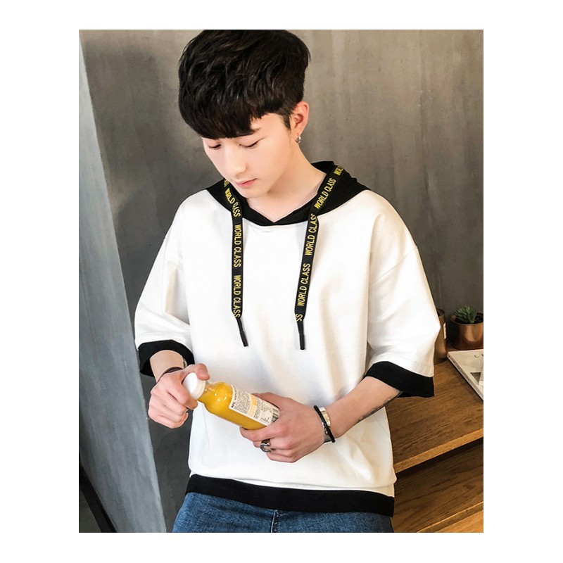 夏季年轻短袖T恤男五分袖连帽织带拼接带帽子上衣套头韩版学生潮